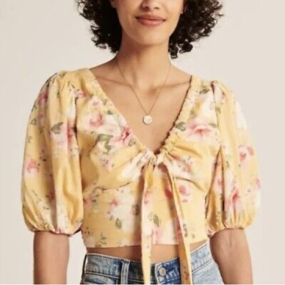 Aberocrombie Cropped Tie-Front Puff Sleeve Floral Top - Picture 6 of 7